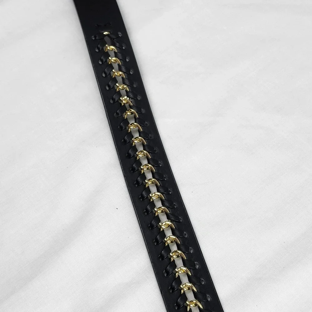 Vince Camuto Belt Womens Large Black Gold Chain Link Woven Leather Medallion